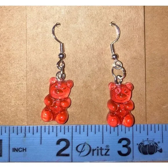 ☀️3/$9☀️ Red-Orange Resin Gummy Bear Dangle Earring with .925 Silver Hooks - Picture 3 of 6